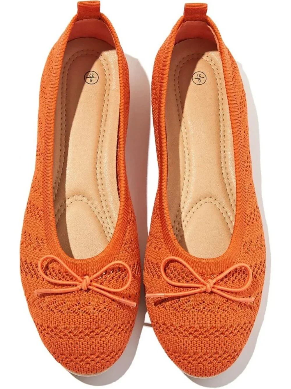 Women's Orange Crochet Lace Round Toe Solid Comfortable Low Heel Ballet Flats